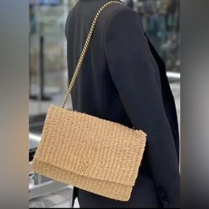 Designer Inspired Raffias Straw Bag with Metal Chain